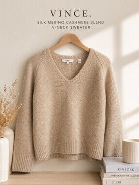 Vince Textured V-Neck Sweater | Silk Merino Wool Cashmere Blend | Size Medium